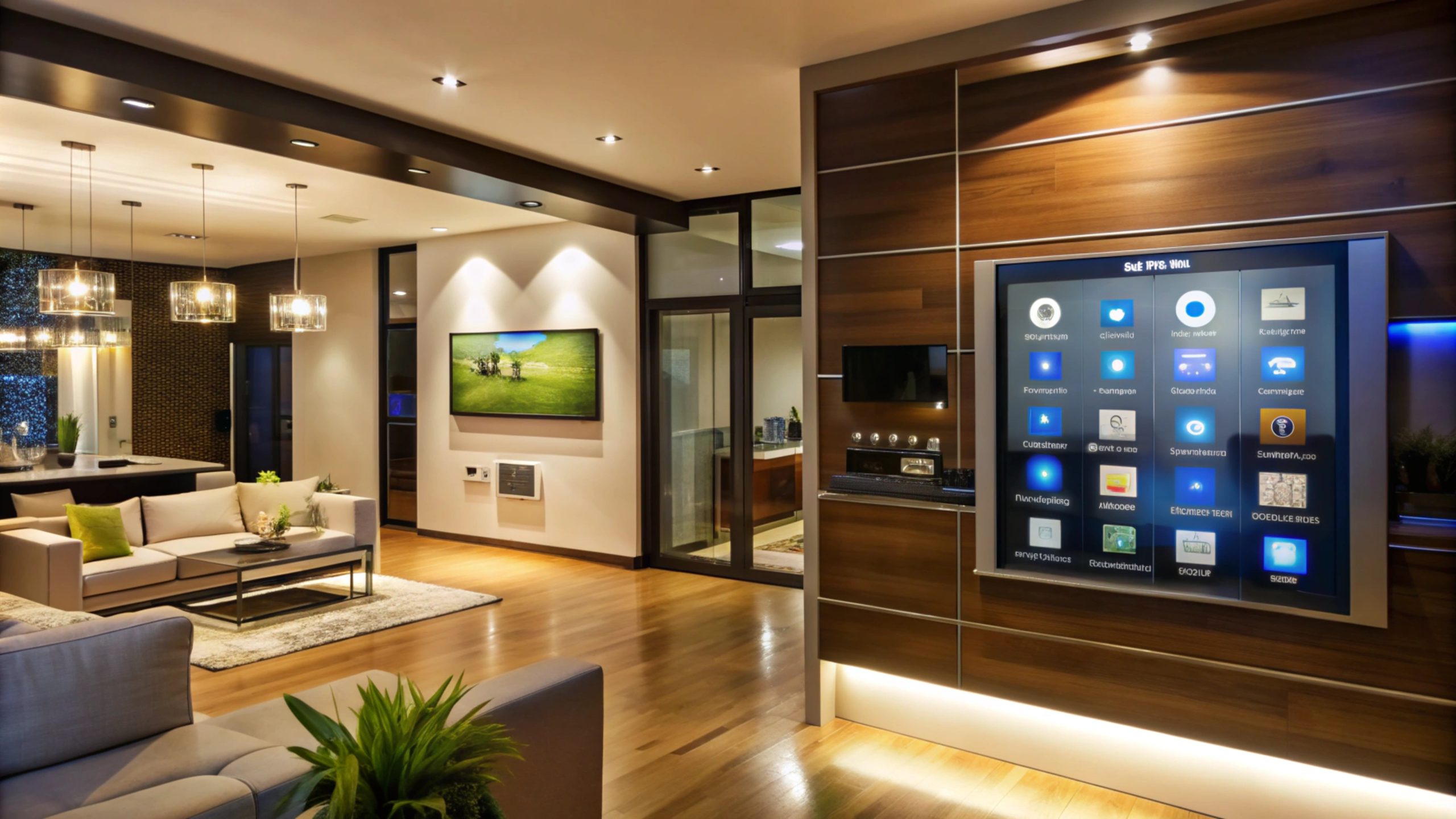 contemporary living room featuring a spacious layout and a large screen mounted on the wall for entertainment